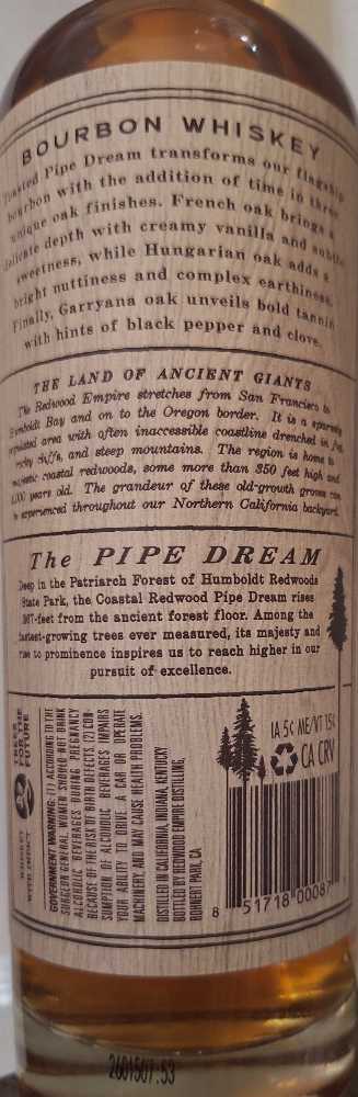 Redwood Empire Pipe Dream Toasted Triple Finish - Redwood Empire Distilling, Rohnert Park, CA (750 mL) alcohol collectible [Barcode 851718000871] - Main Image 2