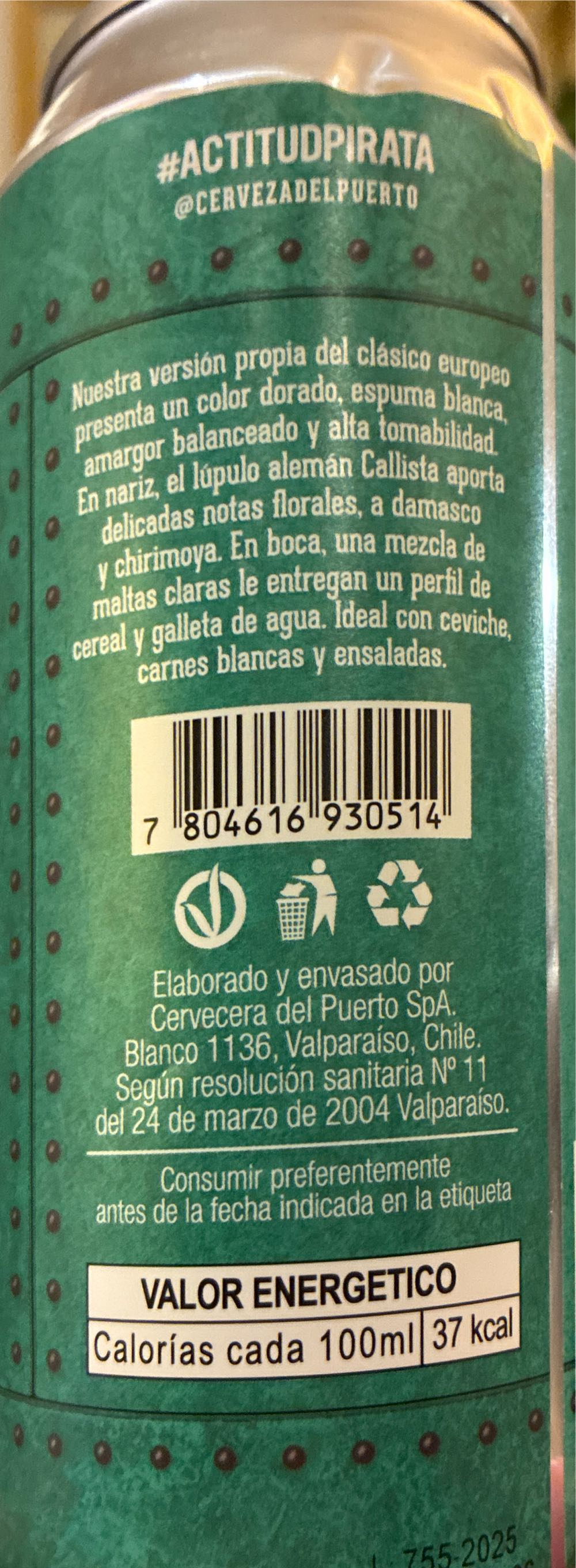 Pilsen Lager - Cerveza Del Puerto - Cerveza Del Puerto SPA (473 mL) alcohol collectible [Barcode 7804616930514] - Main Image 3