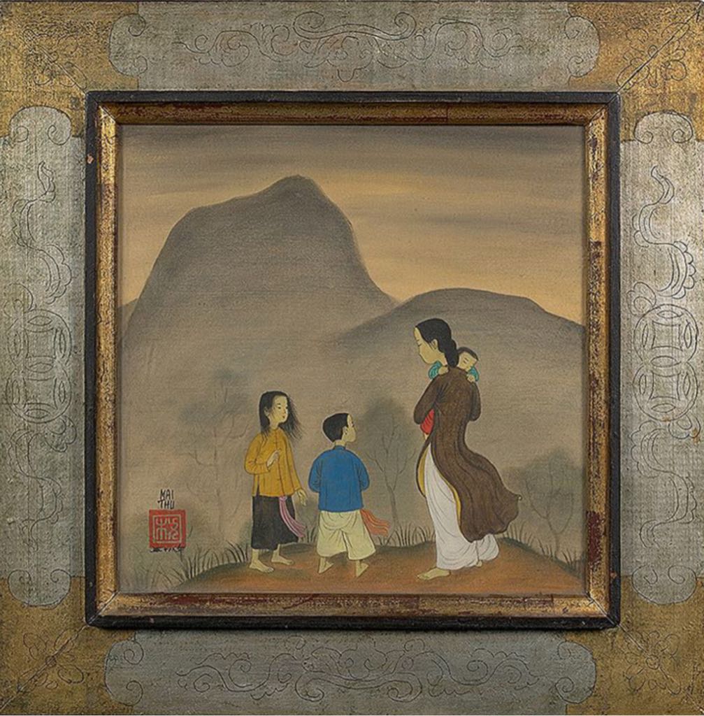 Mère et ses enfants dans un paysage de montagne - Mai Trung Thu art collectible - Main Image 2