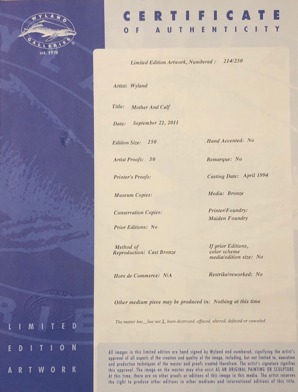 Mother And Calf Bronze - Wyland art collectible - Main Image 3