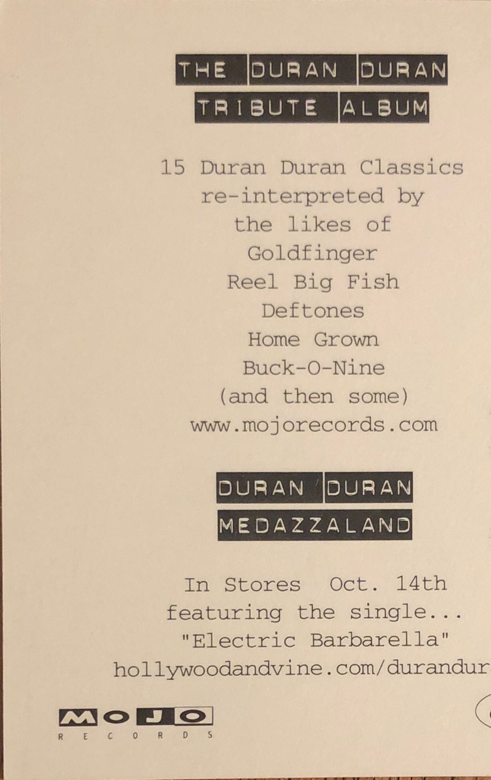 Duran Duran Tribute Album Promo Postcard - Mojo Records art collectible - Main Image 2