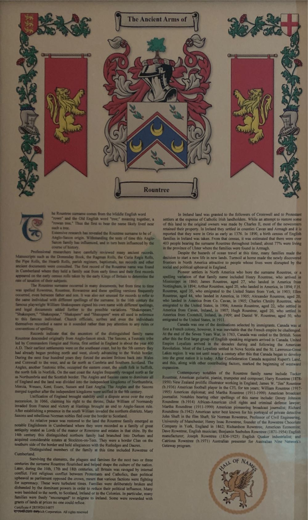 Rountree Crest - Hall of Names art collectible - Main Image 2