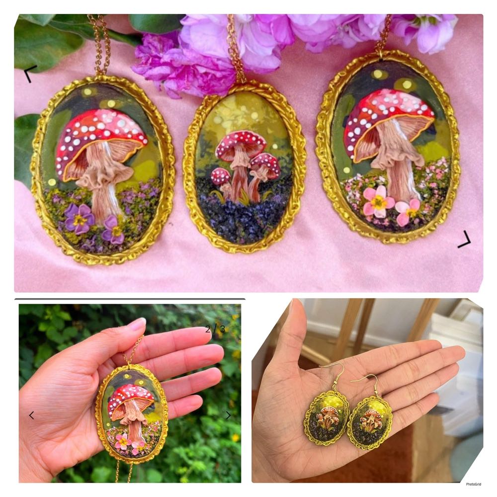 Pink Enchanted Toadstool Pendant - Zovina Marie art collectible - Main Image 2