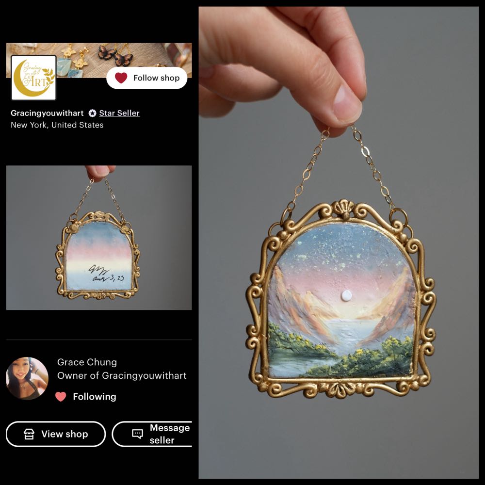Ornate gold framed Polymer Clay ethereal landscape Hanging Wall Art with Chain - Grace Chung art collectible - Main Image 2