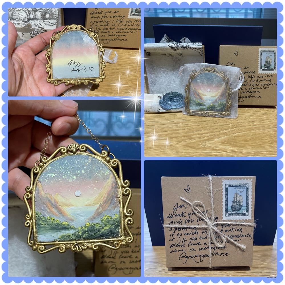 Ornate gold framed Polymer Clay ethereal landscape Hanging Wall Art with Chain - Grace Chung art collectible - Main Image 3