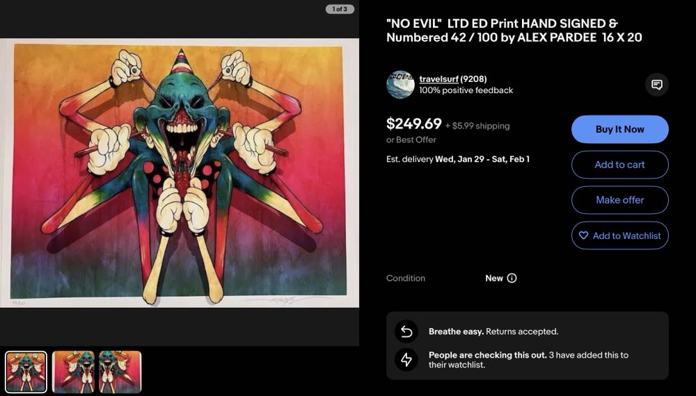 ”NO EVIL”  LTD ED Print HAND SIGNED & Numbered 56 / 100 by ALEX PARDEE  16 X 20  art collectible - Main Image 2