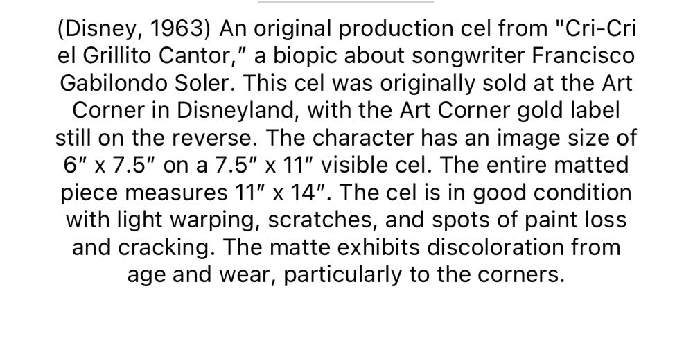 Walt Disney Cri Cri El Grillito Cantor Production Cel - Disney art collectible - Main Image 2