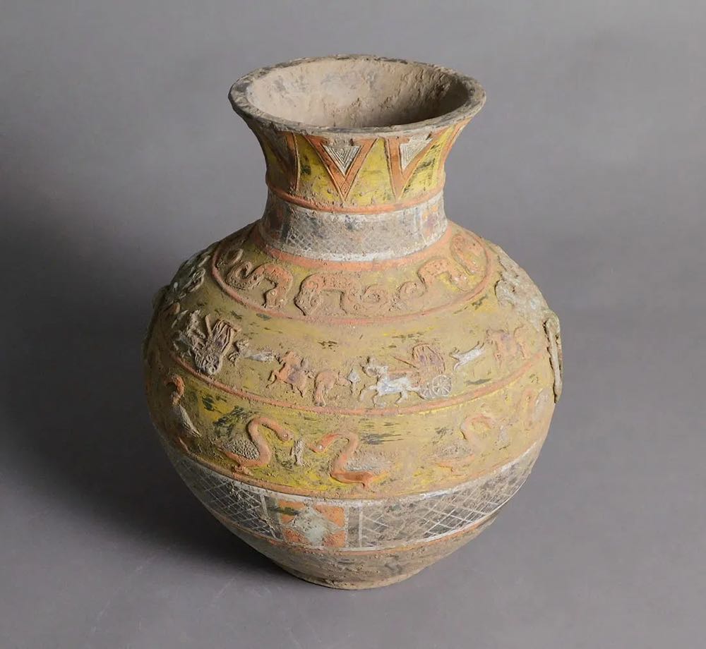 Terra Cotta Jar with Raised Detail Han Dynasty  art collectible - Main Image 2