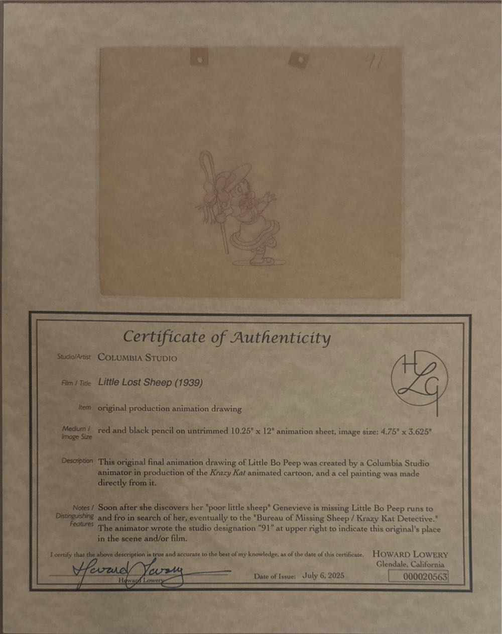 Columbia LITTLE LOST SHEEP Animation Drawing of LITTLE BO PEEP, 1939 - Columbia Studio art collectible - Main Image 2