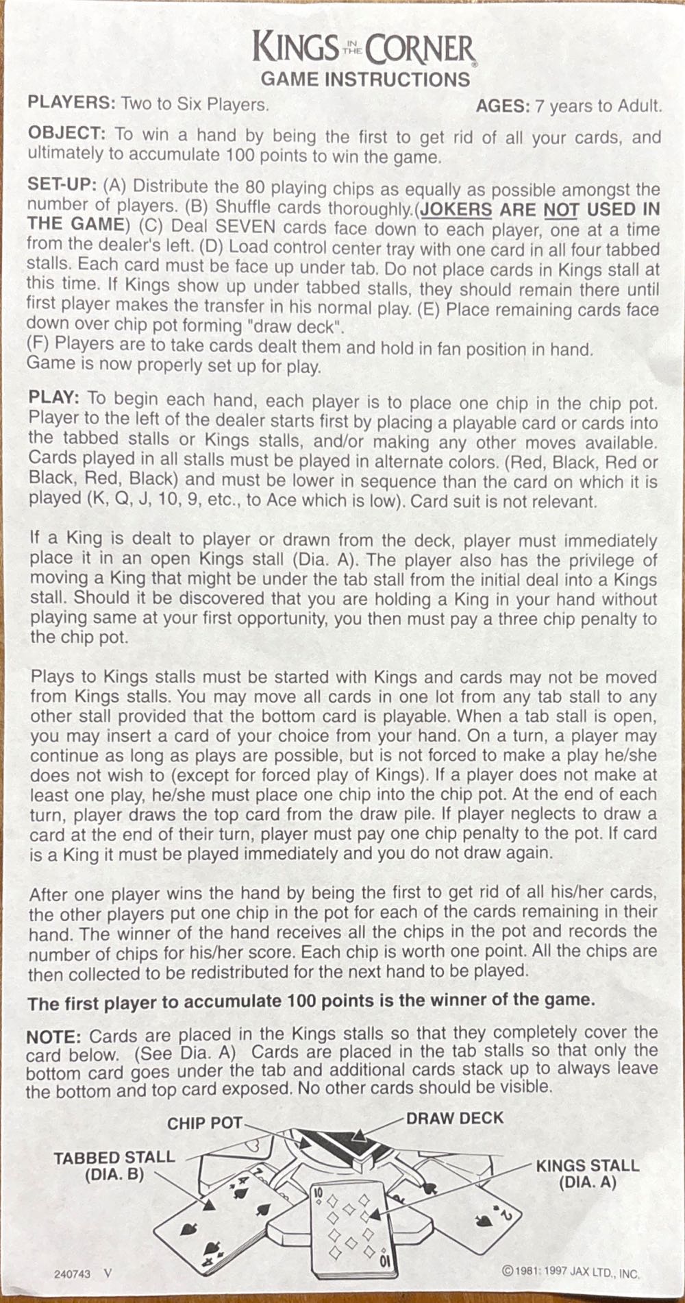 Kings In The Corner  (2-6) board game collectible [Barcode 035261060005] - Main Image 3