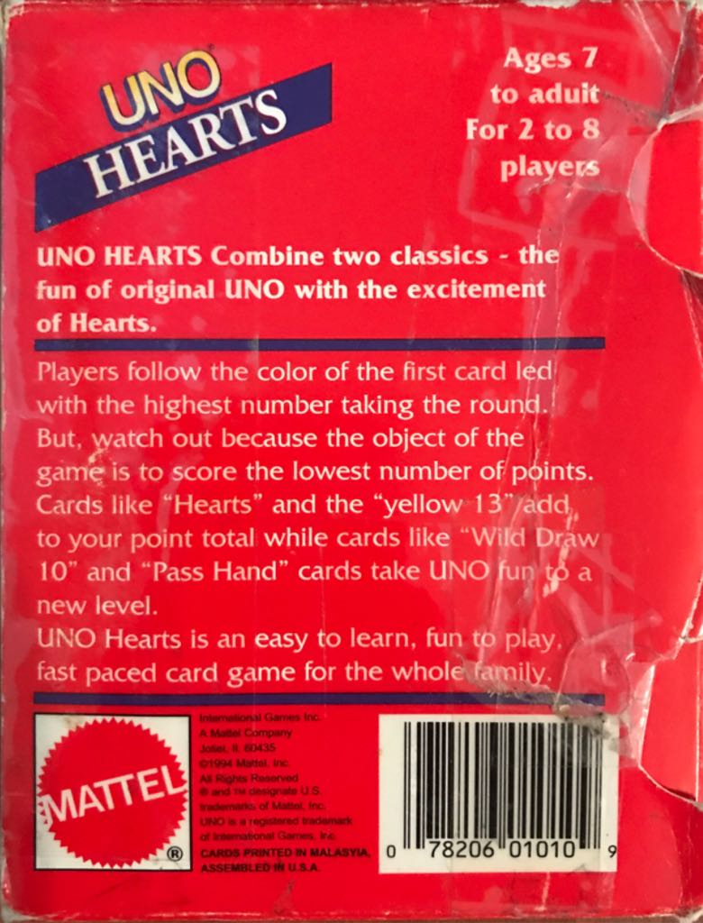 Uno: Hearts  (2-8) board game collectible [Barcode 078206010109] - Main Image 2