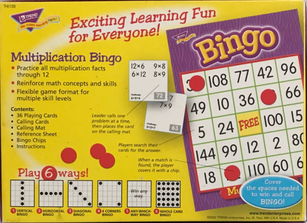 Multiplication Bingo  (3-36) board game collectible [Barcode 078628061352] - Main Image 2