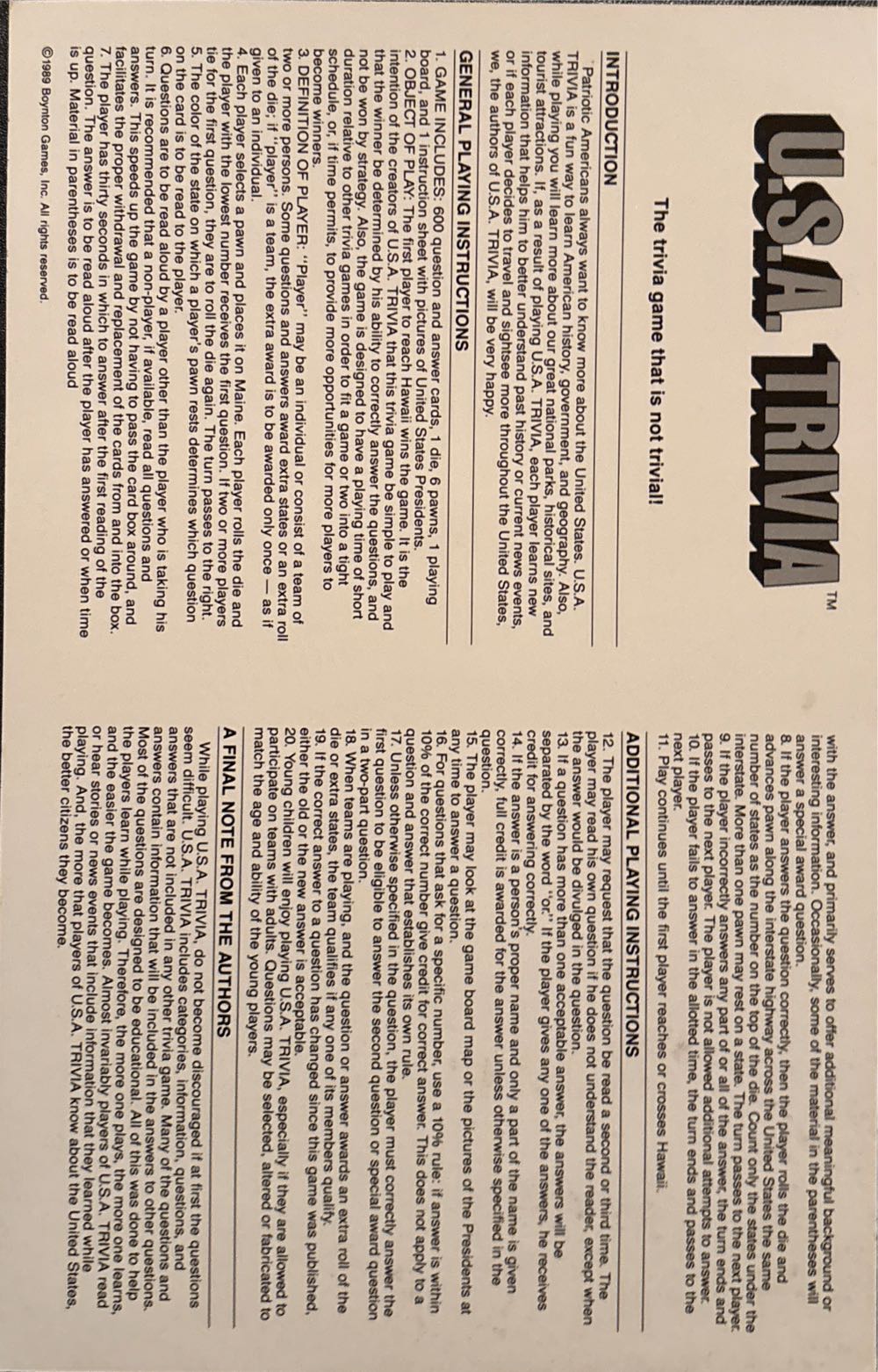 U.S.A. Trivia  board game collectible [Barcode 020315009048] - Main Image 3