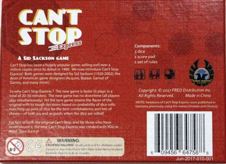 Can’t Stop Express  (2-4) board game collectible [Barcode 609456647588] - Main Image 2