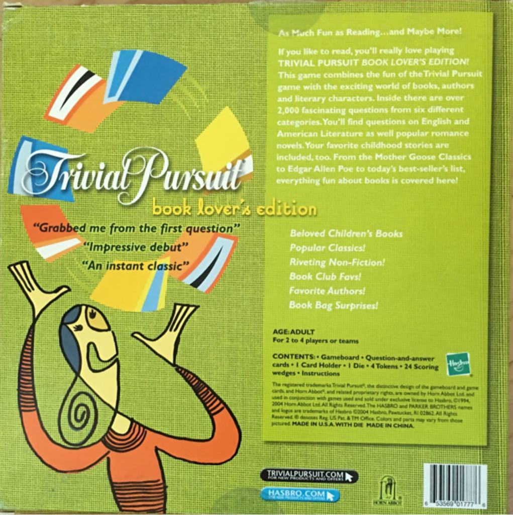 Trivial Pursuit: Book Lover’s Edition  (Teams or 2-4) board game collectible [Barcode 653569017776] - Main Image 2