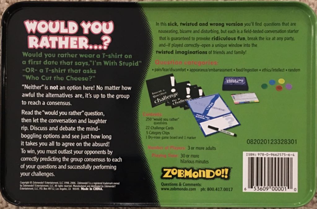 Would You Rather...? : Twisted, Sick And Wrong  (3+) board game collectible [Barcode 653609000010] - Main Image 2