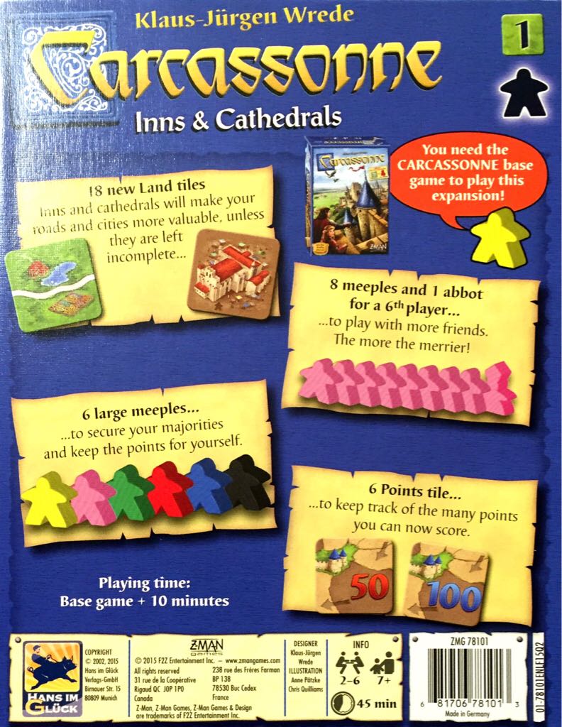 Carcassonne: Inns & Cathedrals   (2-6) board game collectible [Barcode 681706781013] - Main Image 2