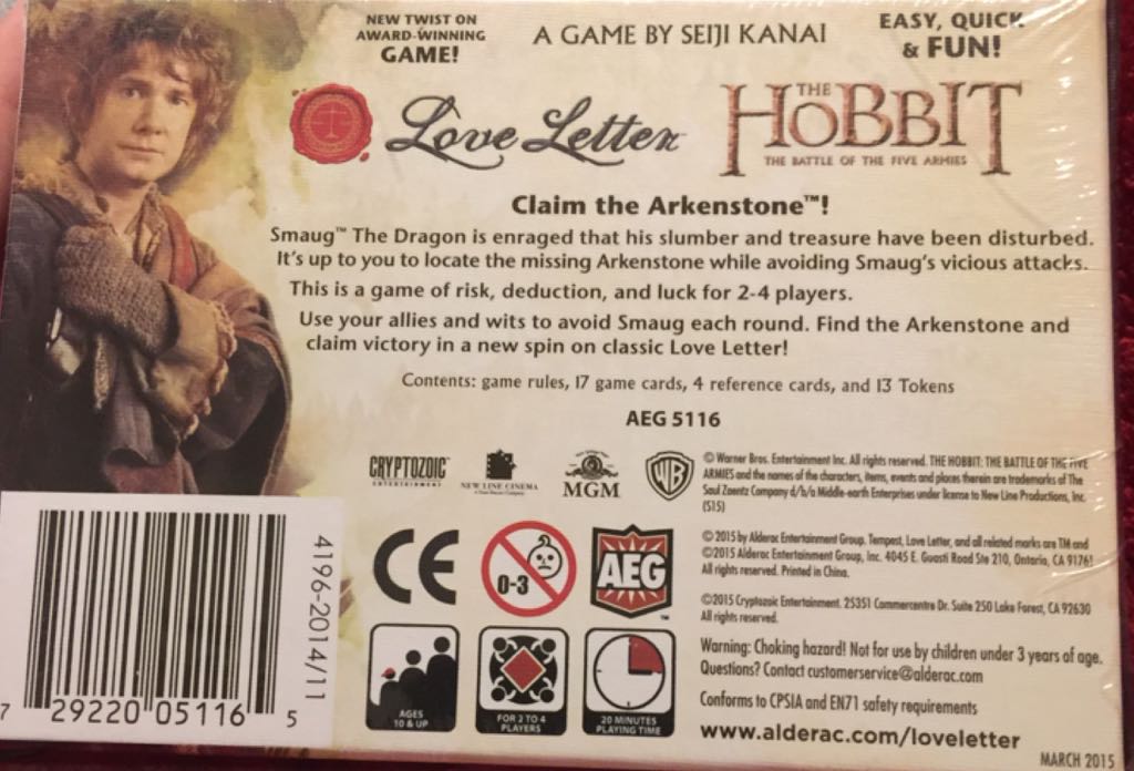 Love Letter: The Hobbit, Battle Of The Five Armies  (2-4) board game collectible [Barcode 729220051165] - Main Image 2