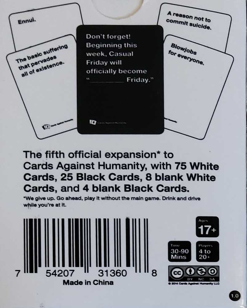 Cards Against Humanity: Fifth Expansion: Version 1.0  (4+) board game collectible [Barcode 754207313608] - Main Image 2
