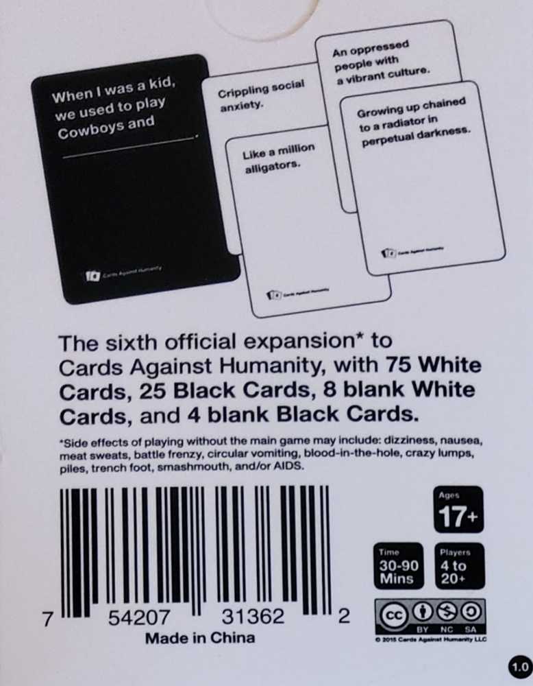 Cards Against Humanity: Sixth Expansion: Version 1.0   (4+) board game collectible [Barcode 754207313622] - Main Image 2