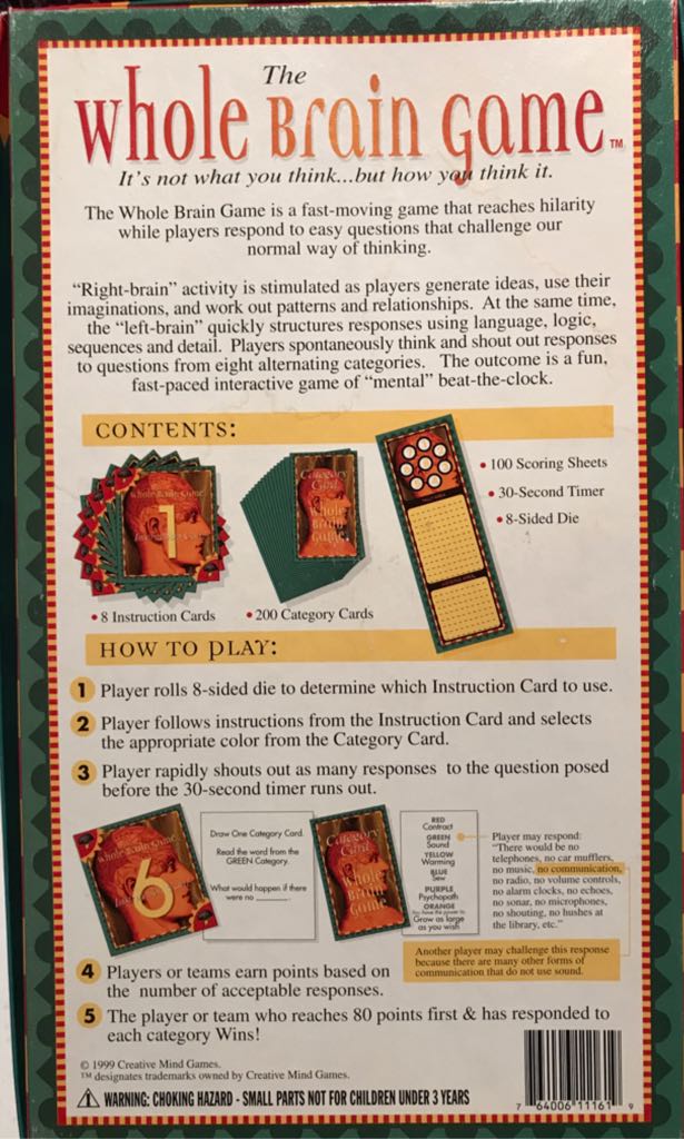 The Whole Brain Game  (1-99) board game collectible [Barcode 764006111619] - Main Image 2