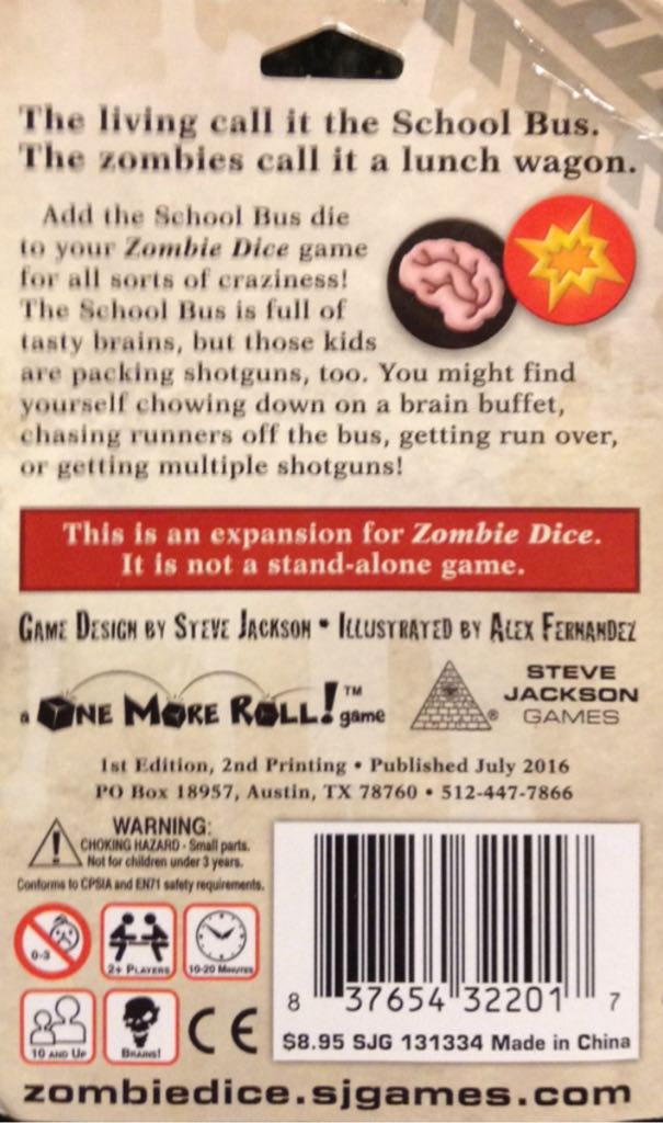 Zombie Dice: 3 - School Bus  (2-99) board game collectible [Barcode 837654322017] - Main Image 2