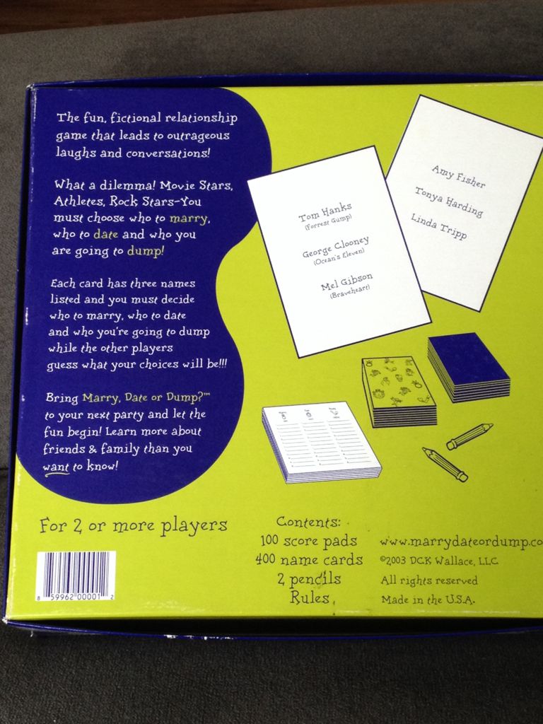 Marry Date Or Dump  (2-6) board game collectible [Barcode 859962000012] - Main Image 2