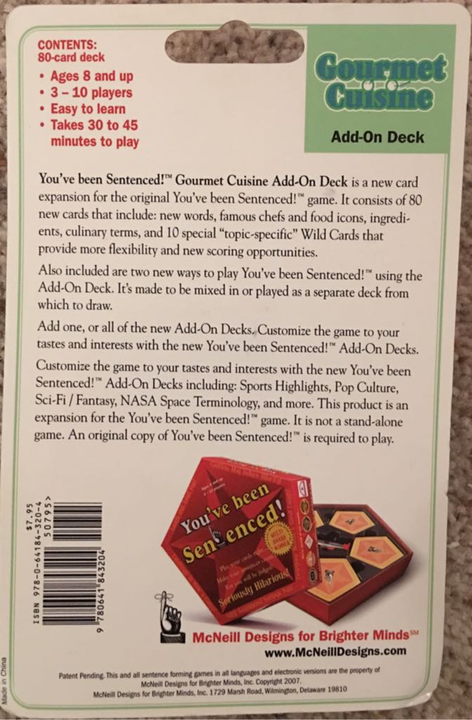 You’ve Been Sentenced! : Add-On Deck - Gourmet Cuisin  (3-10) board game collectible [Barcode 9780641843204] - Main Image 2