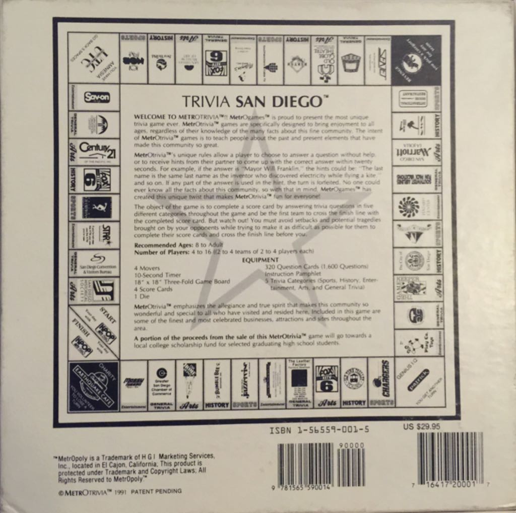 Trivia San Diego  (4) board game collectible [Barcode 9781565590014] - Main Image 2