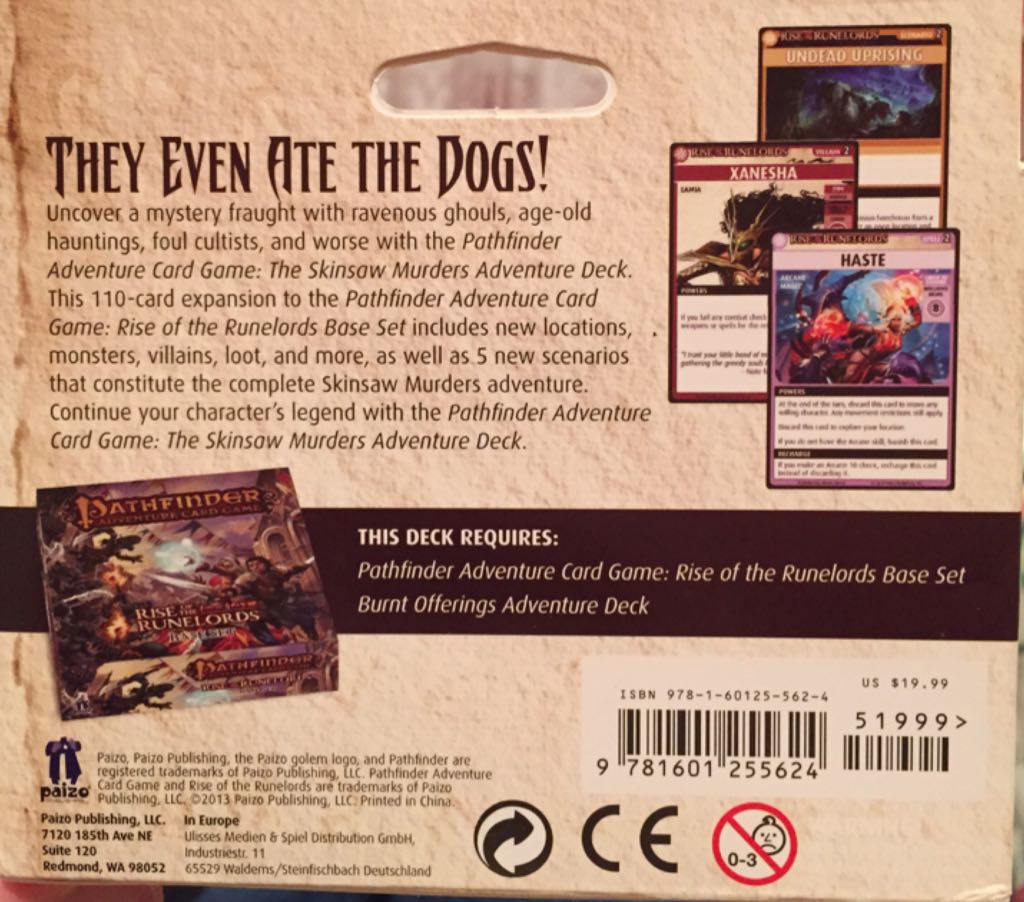 Pathfinder Adventure Card Game: Rise Of The Runelords Adventure Deck 2 The Skinsaw Murders  (1-6) board game collectible [Barcode 9781601255624] - Main Image 2