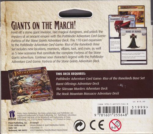 Pathfinder Adventure Card Game: Rise Of The Runelords Adventure Deck 4 Fortress Of The Stone Giants  (1-6) board game collectible [Barcode 9781601255648] - Main Image 2