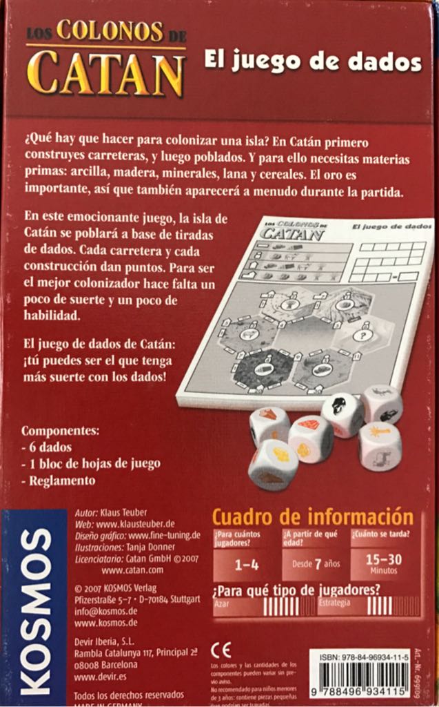 Los Colonos de Catan - El Juego de Dados  (1-4) board game collectible [Barcode 9788496934115] - Main Image 2