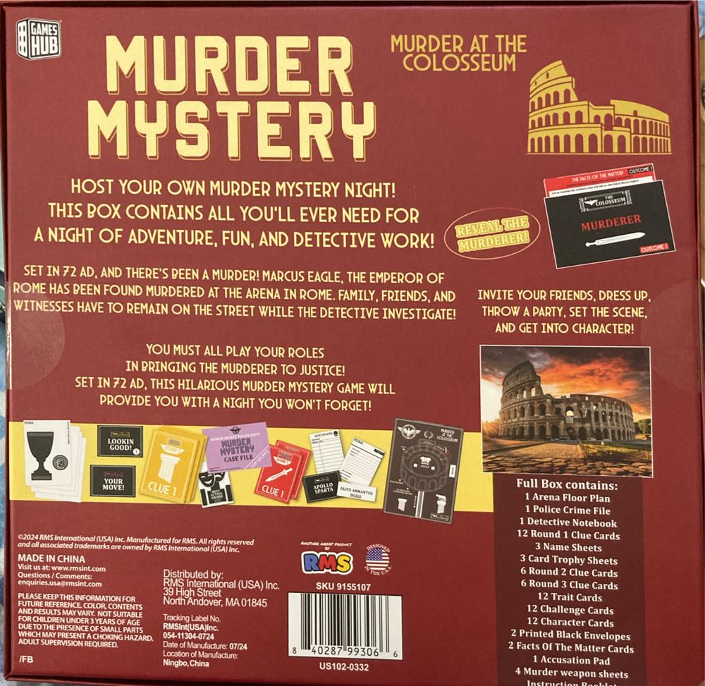 Murder Mystery: Murder At The At Colosseum Brand  (1-13) board game collectible [Barcode 840287993066] - Main Image 2