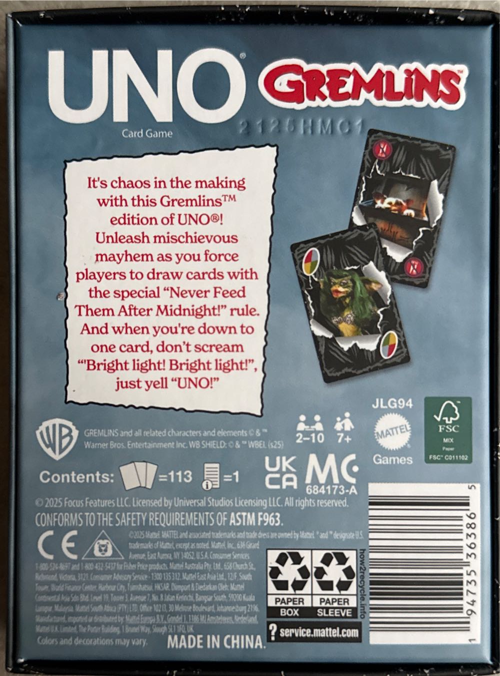 Mattel Games Uno Gremlins Card Game For Kids Grown-ups & Families Travel & Camping For 2-10 Players Featuring Images From The Movie  board game collectible [Barcode 194735363865] - Main Image 2