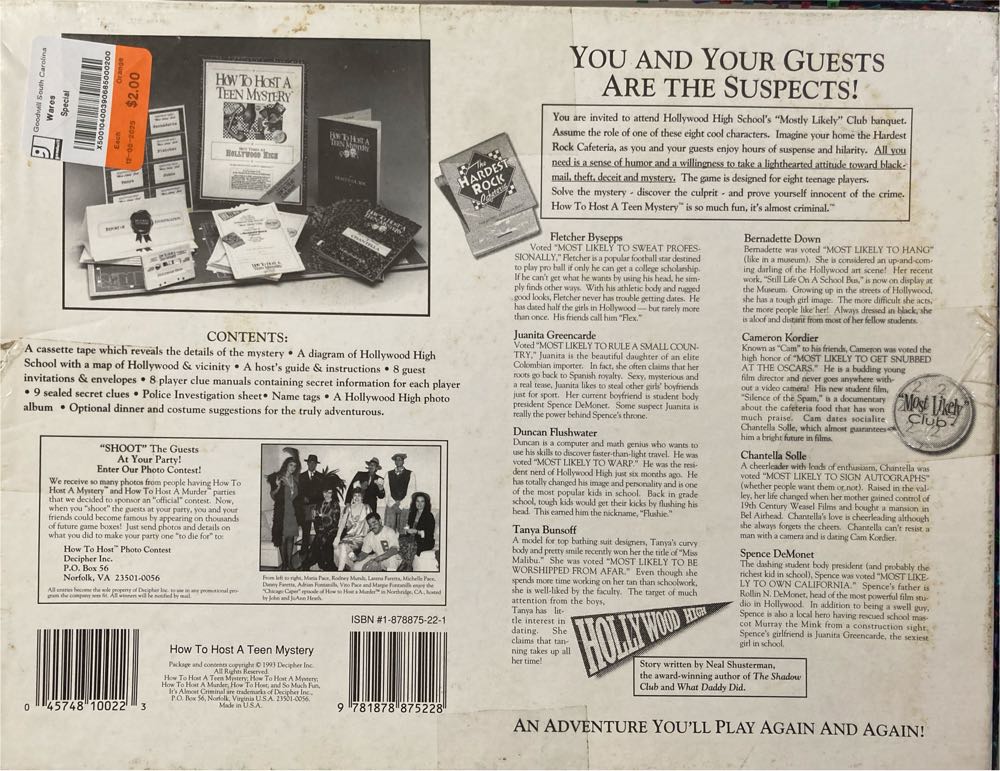 How To Host A Teen Mystery: Hollywood High Game  (8) board game collectible [Barcode 9781878875228] - Main Image 2