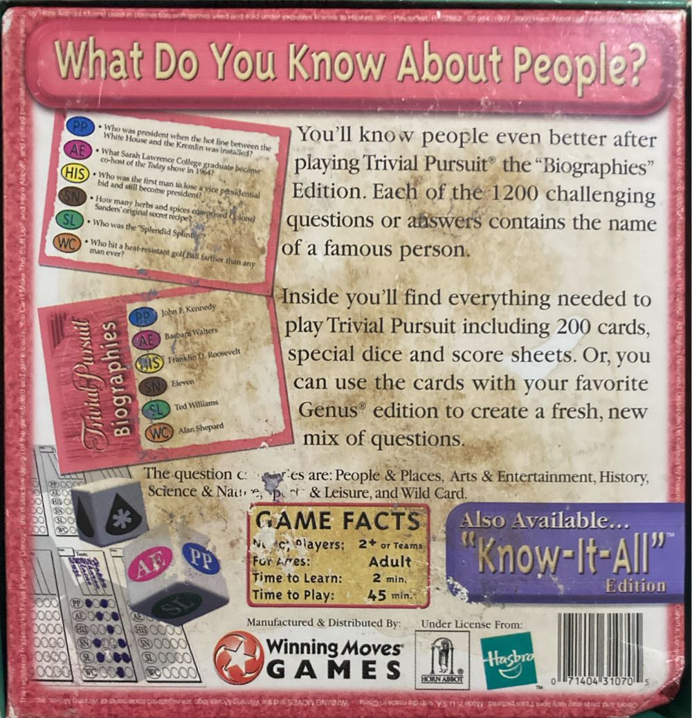 Trivial Pursuit: Biographies Edition  (2+) board game collectible [Barcode 071404310705] - Main Image 2