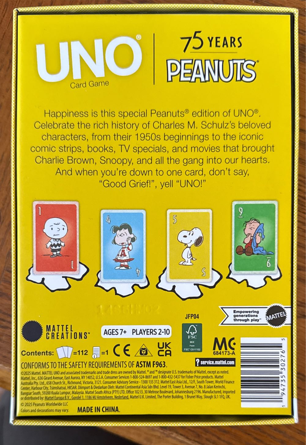 Mattel Peanuts Uno Card Game Yellow 112 Cards For Ages 7 2-10 Players Unbox Japan Exclusive  board game collectible [Barcode 194735302765] - Main Image 2