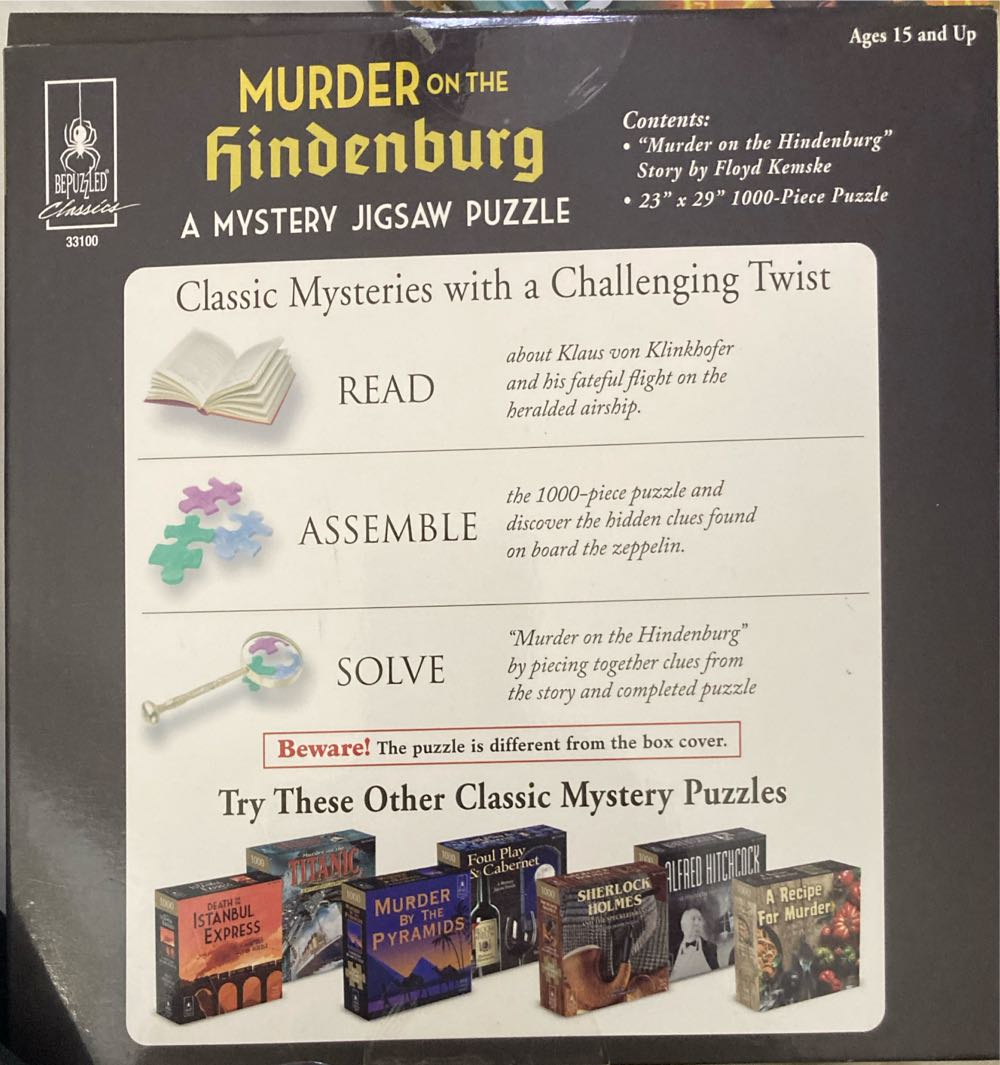 Murder Mystery Party Classic Mystery Jigsaw Puzzle Murder On The Hindenburg 1000 Piece Jigsaw Puzzle  (1+) board game collectible [Barcode 023332331000] - Main Image 2