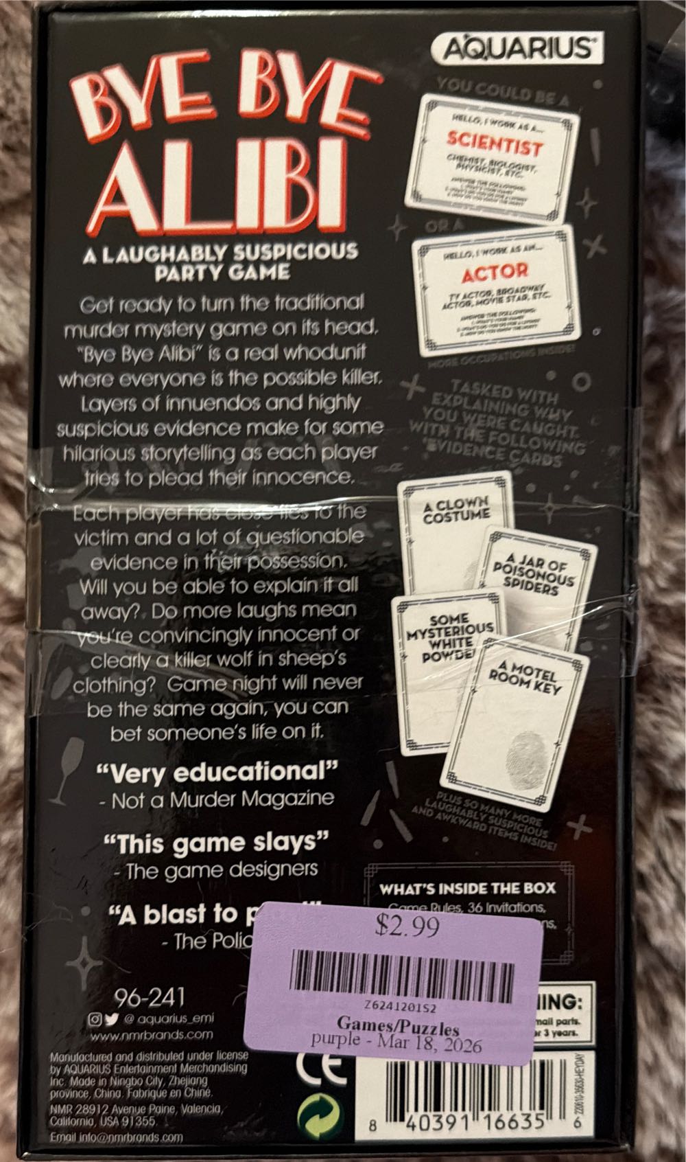 Card Aquarius Bye Bye Alibi Card Releases  board game collectible [Barcode 840391166356] - Main Image 2