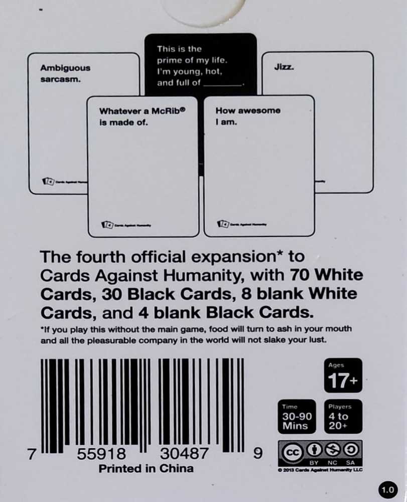 Cards Against Humanity: Fourth Expansion: Version 1.0   (4+) board game collectible [Barcode 755918304879] - Main Image 2