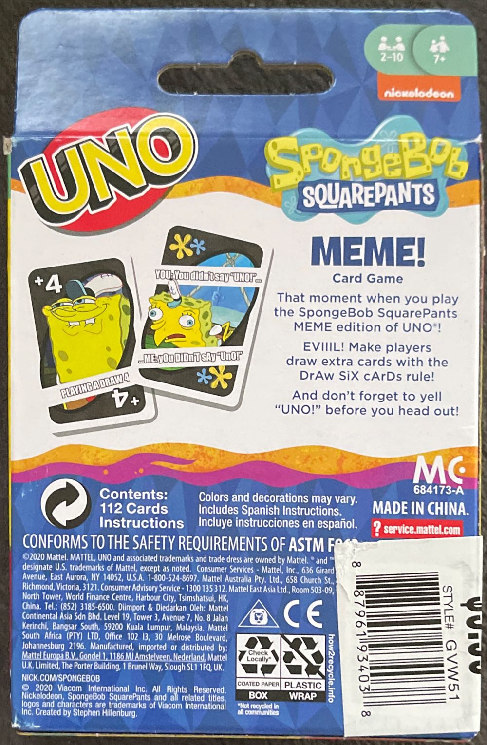 Uno: Spongebob Squarepants Meme  (2-10) board game collectible [Barcode 887961934038] - Main Image 2