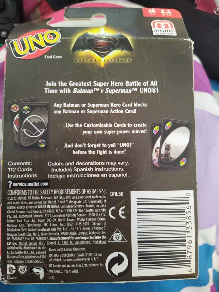Uno: Batman V Superman  (2-10) board game collectible [Barcode 887961338560] - Main Image 2