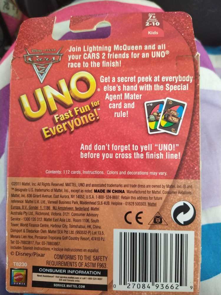 Uno Cars 2  (2-10) board game collectible [Barcode 027084936629] - Main Image 2