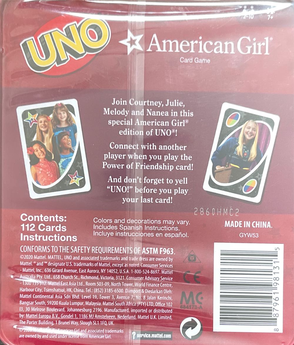 American Girl Uno Deck  (2-10) board game collectible [Barcode 887961981315] - Main Image 2