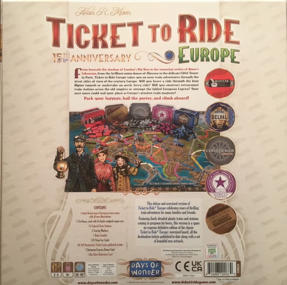Ticket To Ride Europe: 15th Anniversary  (2-5) board game collectible [Barcode 824968200339] - Main Image 2