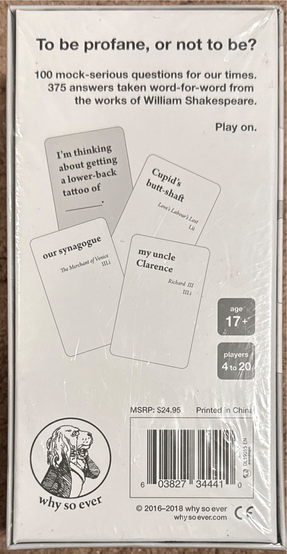 Bards Dispense Profanity Party Card William Shakespeare Party Based On William  (4-20) board game collectible [Barcode 603827344410] - Main Image 2