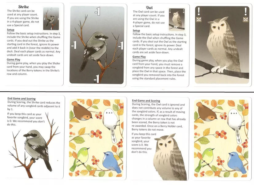 Songbirds: Owl & Shrike Promo Cards  (1-4) board game collectible - Main Image 2