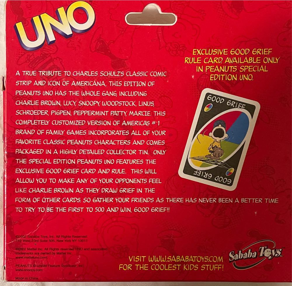 Peanuts Snoopy Deluxe Collector Tin Uno  board game collectible [Barcode 831614005002] - Main Image 2
