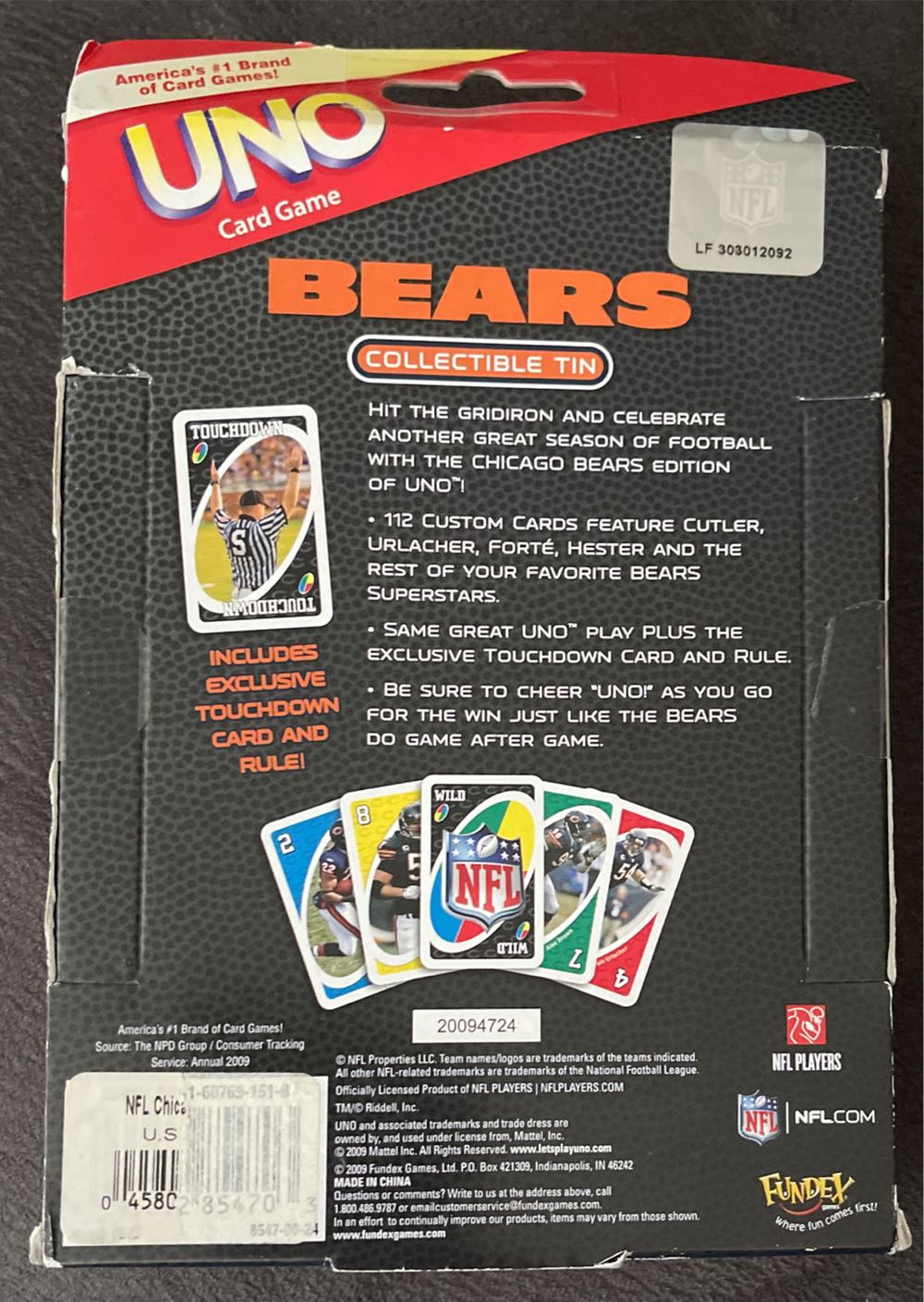 Chicago Bears Tin Uno Touchdown Card  board game collectible - Main Image 2