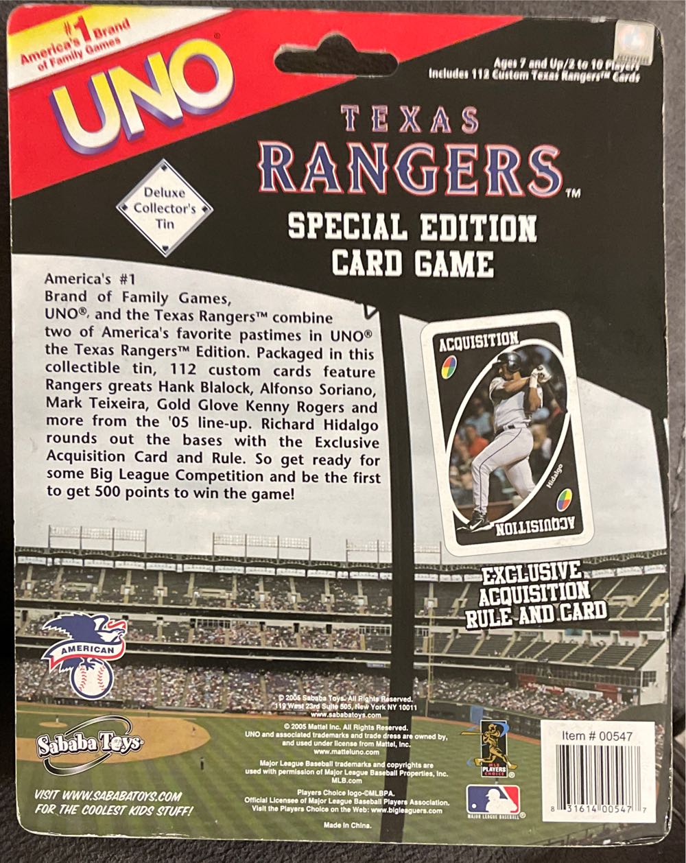Texas Rangers Uno Tin Acquisition  board game collectible - Main Image 2